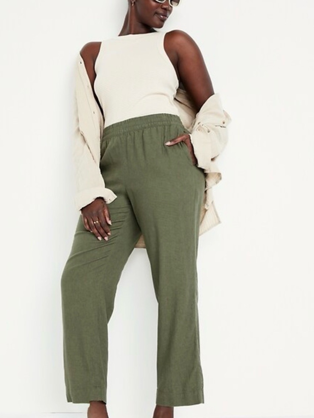 Old Navy Olive Green High Waisted Straight Leg Linen-Blend Pants Sz small